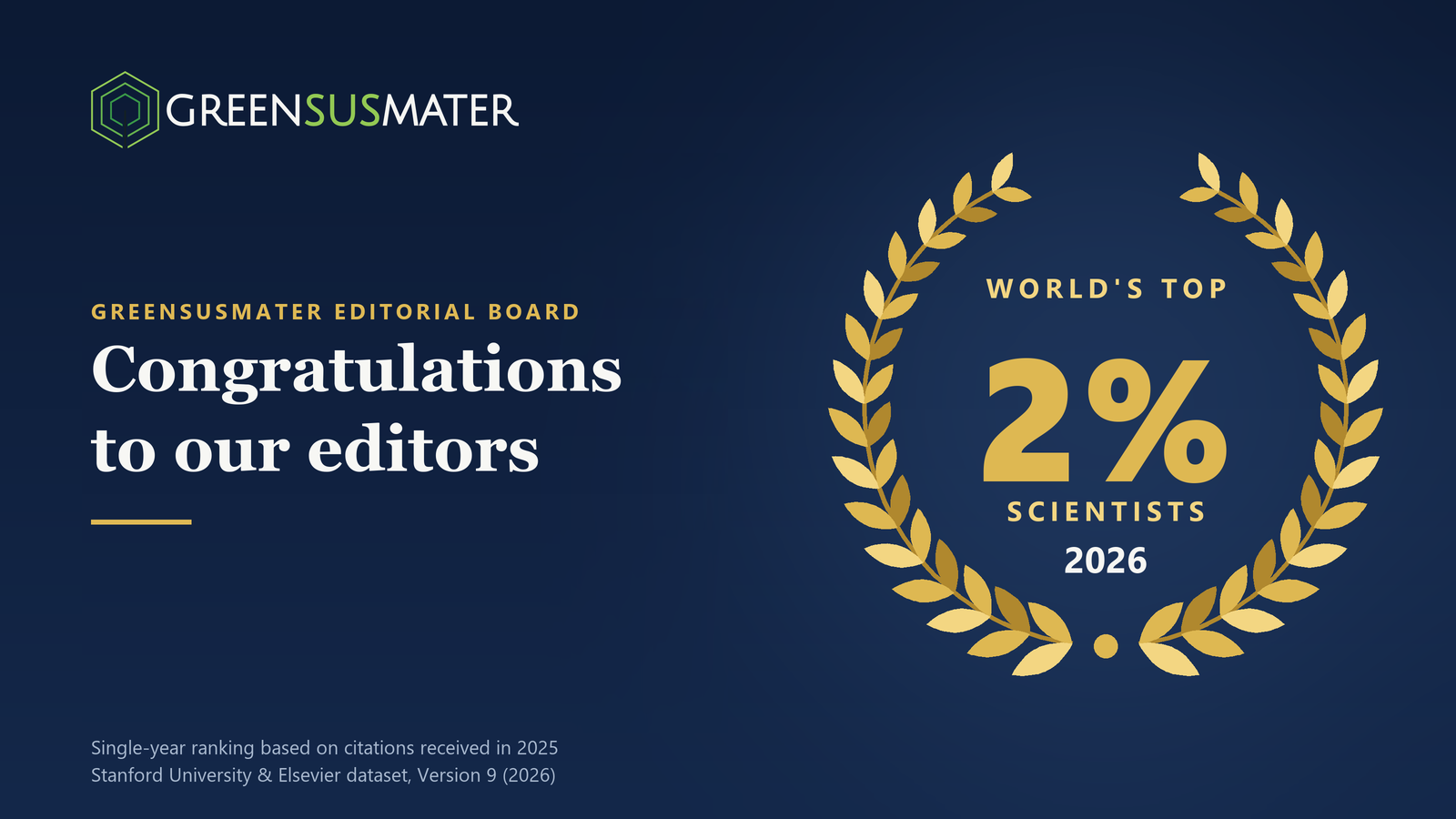 Greensusmater Editors Named Among the World's Top 2% Scientists (2026)