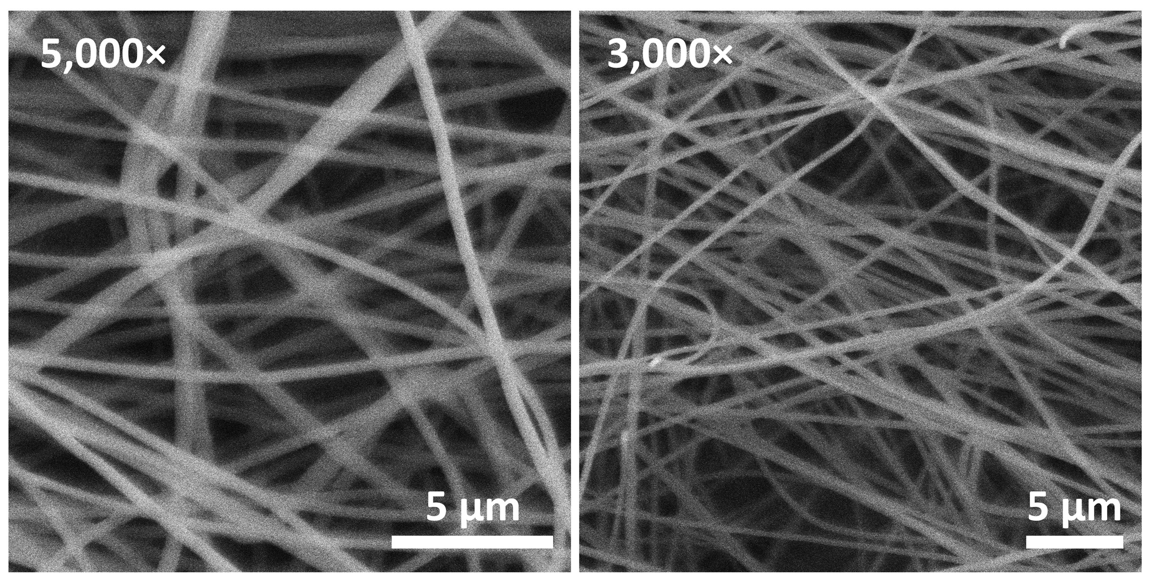 Scanning electron microscopy (SEM) images of
      fabricated PAN nanofiber with different magnification of 5,000×
      and 3,000×