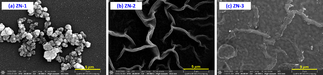 Morphological FESEM images of Ni-doped ZnO film on glass
    substrates fabricated by spray pyrolysis for (a) ZN-1, (b) ZN-2, and
    (c) ZN-3 samples
