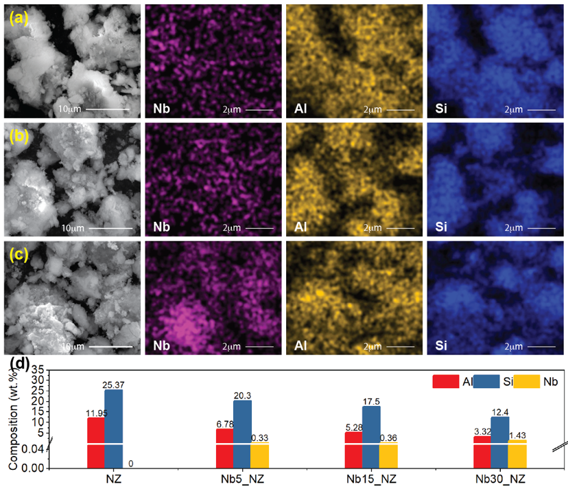 FESEM images and elemental mapping of (a)
      Nb5_NZ,
      (b) Nb15_NZ,
      (c) Nb30_NZ,
      and (d) atomic composition