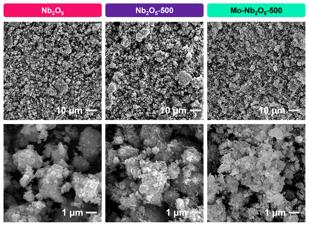 Scanning electron microscopy (SEM) images of Nb2O5, Nb2O5-500, and Mo-Nb2O5-500 samples at low (top row, 10 µm) and high (bottom row, 1 µm) magnifications, illustrating morphological evolution induced by thermal calcination and Mo doping. Notable changes include surface coarsening, increased particle definition, and textural roughening in the doped and calcined samples.