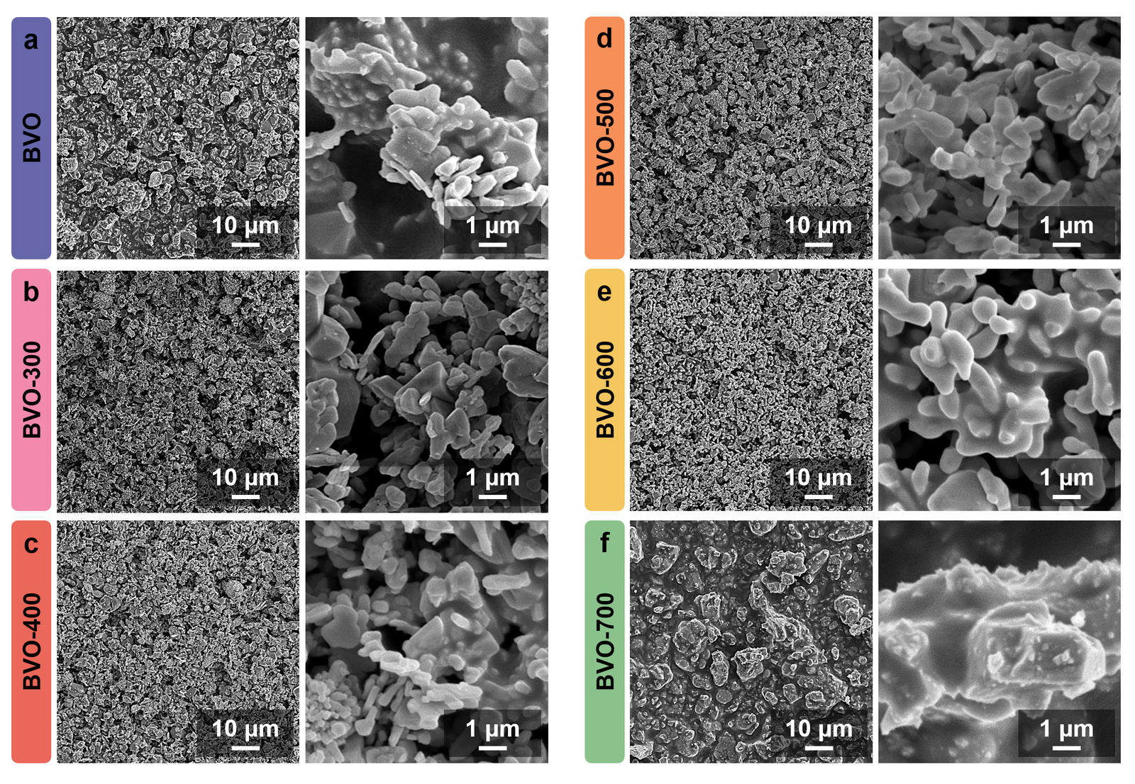 SEM images of (a) BVO, (b) BVO-300, (c) BVO-400, (d) BVO-500, (e) BVO-600 and (f) BVO-700. All scale bars are 1 μm.