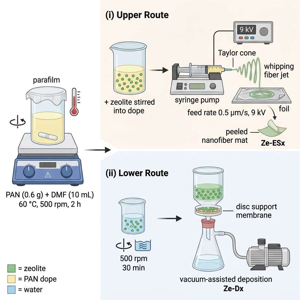 Schematic of the two fabrication routes compared in
      this study, both departing from a shared PAN-in-DMF dope (0.6 g
      PAN in 10 mL DMF, 60 °C, 500 rpm, 2 h). Upper route
      (i) electrospinning-integration: zeolite
      particles are stirred directly into the dope and co-spun through a
      syringe pump at 9 kV and 0.5 μm s−1 feed rate onto a
      grounded aluminium-foil collector, yielding the
      Ze-ESx
      series after peel-off. Lower route (ii) surface
      dispersion: zeolite is suspended in 20 mL deionized
      water, stirred (500 rpm, 10 min) and ultrasonicated (30 min), then
      vacuum-deposited onto a commercial PAN/PVDF support disc, yielding
      the Ze-Dx
      series.