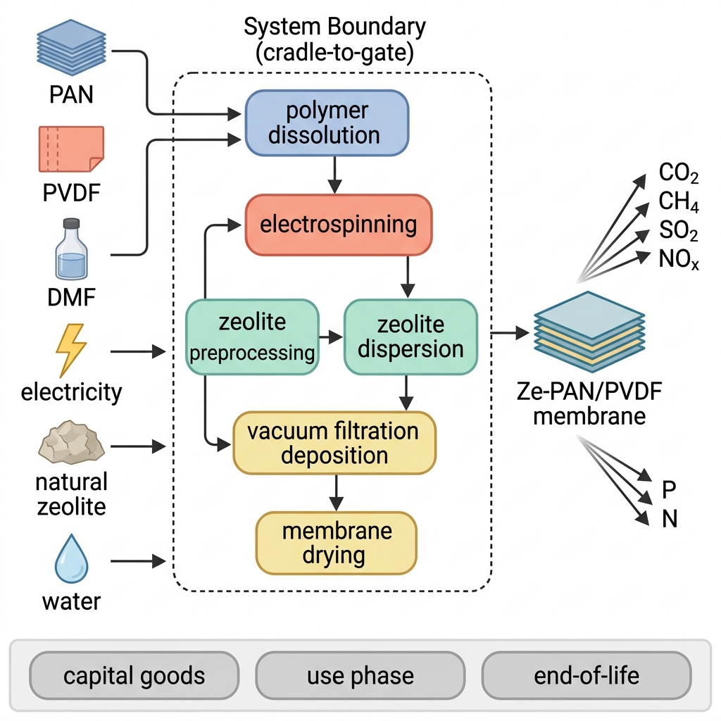 Cradle-to-gate system boundary for the five scenarios
      (Ze0–Ze5) of PAN/PVDF and Ze-PAN/PVDF composite membranes. Inputs
      (left) feed two parallel branches converging at vacuum filtration
      deposition: polymer dissolution →
      electrospinning, and zeolite preprocessing
      →
      dispersion. Outputs (right) include the membrane product and the
      air and water emissions characterised in this LCA. Capital goods,
      use phase, and end-of-life are excluded.